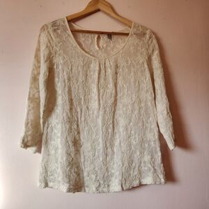 Lucky Brand Ivory Floral Lace Sheer Blouse Scoop Neck 3/4-length Sleeves Size S